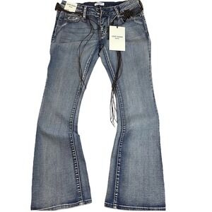 LOVE SOHO DENIM Flare Jeans Womens Size 11 Blue Wash Y2K Boho Rope Belt NWT